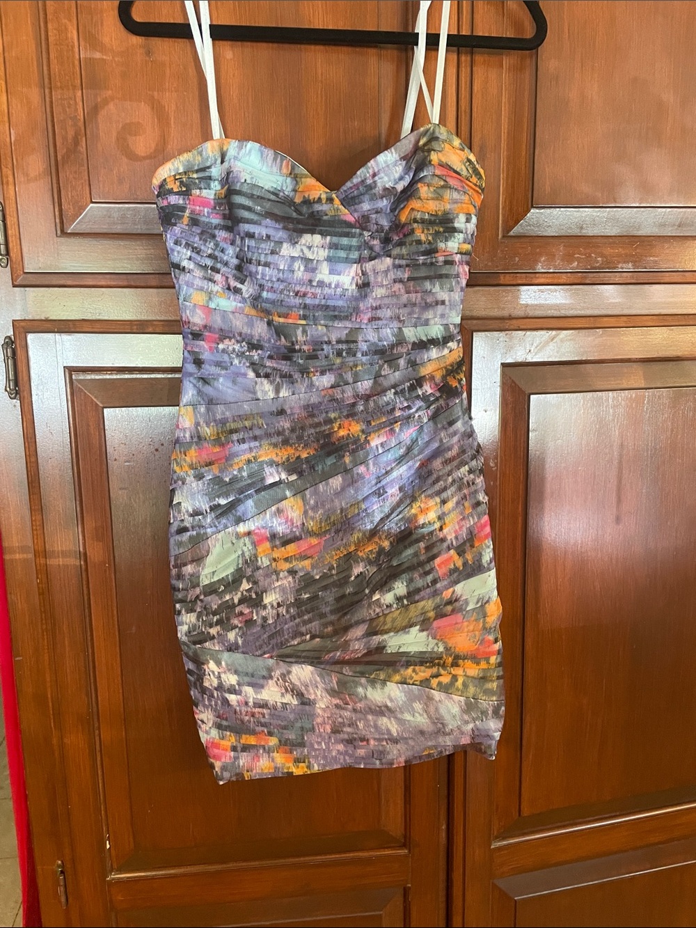 BCBGMaxAzria Purple Multi-Color Abstract Sweetheart Mini Dress